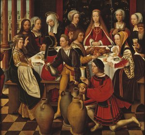 Les noces de Cana - Bröllopsfesten i Cana, av Benson, Ambrosius (1495-1550). Olja på trä. Mått: 99x105 cm. Nationalmuseum Stockholm