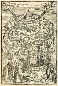 Karta över New Island of Utopia från en utgåva av Utopia från 1518 av Sir Thomas More (1478-1535), publicerad första gången 1516. Träsnitt av Ambrosius Holbein (ca 1494-c. 1519) som visar ön med huvudpersoner