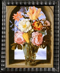 Blomsterbukett i en stenbåge som öppnar sig mot en ... av Ambrosius II Bosschaert