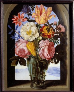 Blombukett i en stenram som vetter mot ett landskap Målning av Ambrosius Bosschaert (1573-1621)