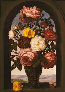 Rosor i en Roemer med en turbansmörblomma och ett sugbröd i en ram, ett flodlandskap bortom, av Ambrosius the Elder Bosschaert