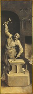 Saint Eligius i sin verkstad (olja på panel)