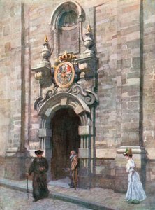 Ingång till karmeliternas gamla kyrka i Bryssel (färglitografi)