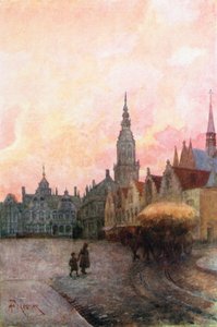 Grande Place och klockstapeln, Furnes (färglitografi)