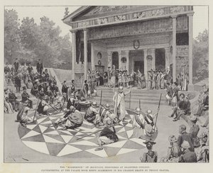 "Agamemnon" av Aeschylus, framförd på Bradfield College, Klytemnestra vid Palace Door möter Agamemnon i sin vagn tecknad av sina trojanska slavar (litho)