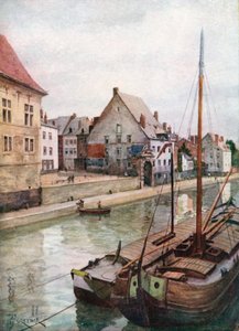 Floden Sambre sedd från Pont de Sambre, Namur (färglitografi)