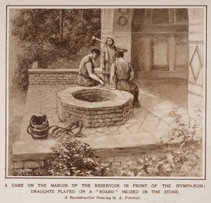 Ett spel på kanten av reservoaren framför Nymphaeum, från en artikel med titeln "The Country Life of the Romans in England" i Illustrated London News av Amedee Forestier