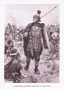 En legionär som vaktar fångar på ett fält, illustration från The Roman Soldier, 1928 av Amedee Forestier