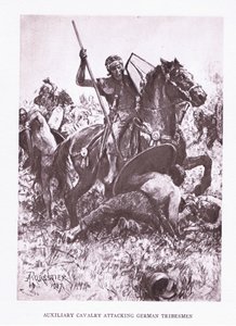 Hjälpkavalleri attackerar tyska stammän, illustration från The Roman Soldier, 1928