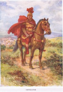 Imperator: ursprungligen var här, den segrande romerske generalen saluterades av sina soldater på fältet. Senare reserverades titeln endast för kejsare, illustration från The Roman Soldier, 1928 (colou av Amedee Forestier