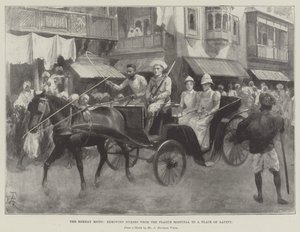 The Bombay Riots, tar bort sjuksköterskor från pestsjukhuset till en plats för säkerhet av Amedee Forestier