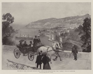 Drottningen i Cimiez, Hennes Majestät återvänder från en bilväg vid Villefranche Road, HMS Cambrian liggande utanför Villefranche