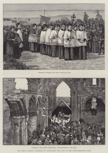 Den romersk-katolska pilgrimsfärden till Lindisfarne, Holy Isle, på Northumberland Coast