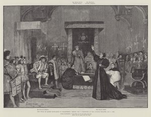 Rättegången mot drottning Katharine i Shaksperes Henry VIII, producerad på Lyceum Theatre, 5 januari 1892 av Amedee Forestier