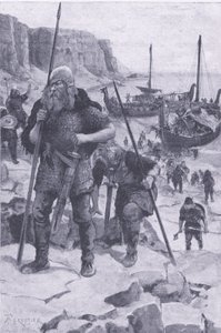 The Vikings find America, från My Magazine, pub.1922 (litho) av Amedee Forestier