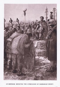 Kejsaren får underkastelse av barbarhövdingar, illustration från den romerske soldaten, 1928