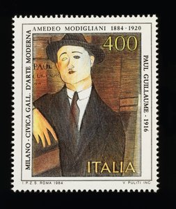 Frimärke från italiensk konstserie till hedring av Amedeo Modigliani (1884-1920), föreställande Porträtt av Paul Guillaume (1916), 400-liters frimärke