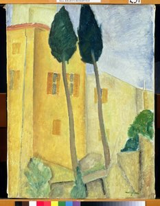 Cypressträd och hus, 1919 av Amedeo Modigliani