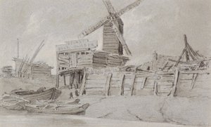 Väderkvarn och båtvarv, ca 1803 (kol, penna och tvätt)