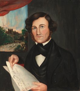 Man vid namn Hubbard som läser "Boston Atlas" av American 19th Century