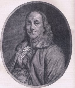 Benjamin Franklin, illustration från Cassells History of the United States publicerad av Cassell, Petter & Galpin, c.1900 (litho) av American English school