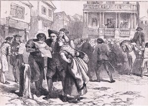 Bostonbor som läser stämpellagen, illustration från Cassells History of the United States publicerad av Cassell, Petter & Galpin, c.1900 (litho)
