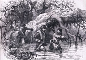 Clarke och hans soldater som korsar Wabash, illustration från Cassells History of the United States publicerad av Cassell, Petter & Galpin, c.1900 (litho) av American English school