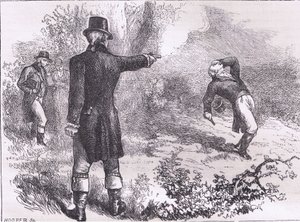 Duell mellan Burr och Hamilton, illustration från Cassells History of the United States publicerad av Cassell, Petter & Galpin, c.1900 (litho) av American English school