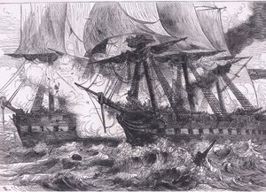 Kampen mellan Chesapeake och Shannon, illustration från Cassells History of the United States publicerad av Cassell, Petter & Galpin, c.1900 (litho)