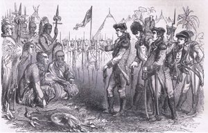 General Burgoyne tilltalar indianerna, illustration från Cassells History of the United States publicerad av Cassell, Petter & Galpin, c.1900 (litho) av American English school