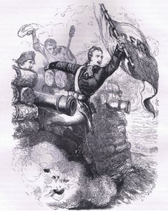 Sergeant Jasper hämtar flaggan, illustration från Cassells History of the United States publicerad av Cassell, Petter & Galpin, ca 1900 (litho) av American English school