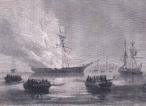 The burning of Gaspe, illustration från Cassells History of the United States publicerad av Cassell, Petter & Galpin, c.1900 (litho) av American English school
