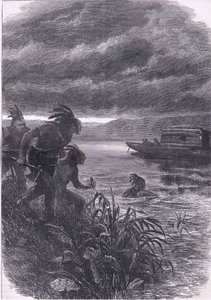 Handlare på Ohio attackerade av vildar, illustration från Cassells History of the United States publicerad av Cassell, Petter & Galpin, ca 1900 (litho) av American English school
