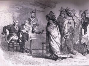 Besök av Pontiac och indianerna hos major Gladwin 1763, illustration från Cassells History of the United States publicerad av Cassell, Petter & Galpin, c.1900 (litho)