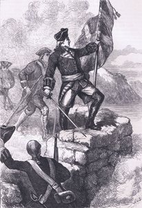 Washington planterar den brittiska flaggan i Fort Duquesne, illustration från Cassells History of the United States publicerad av Cassell, Petter & Galpin, c.1900 (litho)