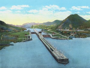 Fågelperspektiv över Pedro Miguel Locks, Panamakanalen (färgad bild)