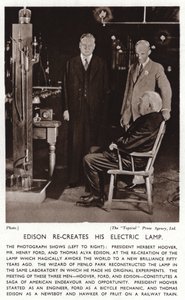 Thomas Edison återskapar sitt elektriska ljus för president Herbert Hoover och Henry Ford (s/v foto) av American Photographer (after)