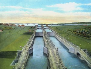 Fågelperspektiv av Gatun Locks, som visar alla slussar, Panamakanalen av American Photographer