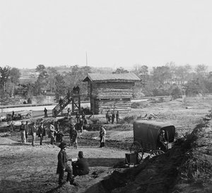 Blockhus nära Fort Haggerty på Arlington Ridge Road, Virginia, hjälper till att bevaka Aqueduct Bridge, ca 1862 av American Photographer