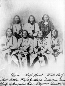Bose, vänsterhand, vit varg, svart vattenkokare, vit antilop, tjurbjörn, Neva: hövdingar från stammarna Arapahoe, Sioux, Cheyenne och Kiowa, ca 1860-68 av American Photographer