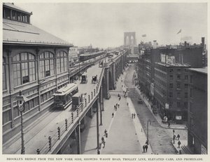 Brooklyn Bridge från New York Side, som visar Wagon Road, Trolley Line, Elevated Cars och Promenade (s/v foto) av American Photographer