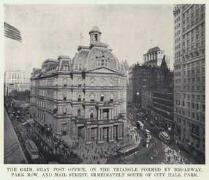 The Grim, Grey Post Office, på triangeln som bildas av Broadway, Park Row och Mail Street, omedelbart söder om City Hall Park (s/v foto) av American Photographer