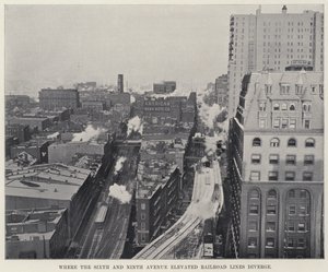 Där Sixth and Ninth Avenue Elevated Railroad Lines divergerar (s/v foto) av American Photographer