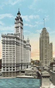 Wrigley Building och Tribune Tower (färgat foto) av American Photographer
