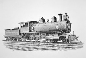 Ett lokomotiv av 2-8-0 Consolidation-typ byggt av Baldwin i juni 1889 för Northern Pacific Railway (litho) av American School
