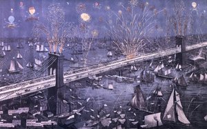 En fågelperspektiv över Great New York och Brooklyn Bridge och storslagen uppvisning av eldverk på öppningskvällen 1883, pub. av A. Major