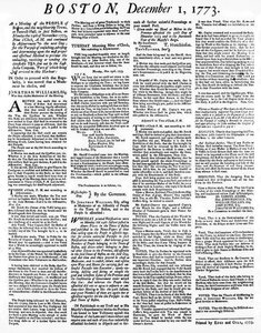 En Broadside-tidning som beskriver händelserna under Boston Tea Party, december 1773 (tryckt)