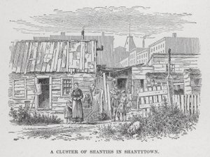 Ett kluster av shanties i Shantytown (litho) av American School