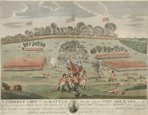 En korrekt vy av slaget nära staden New Orleans, pub. c.1815 (Handfärgad gravyr) av American School