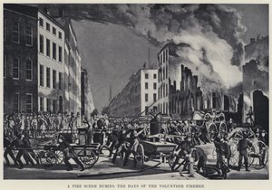 En brandscen under de frivilliga brandmännens dagar (litho) av American School